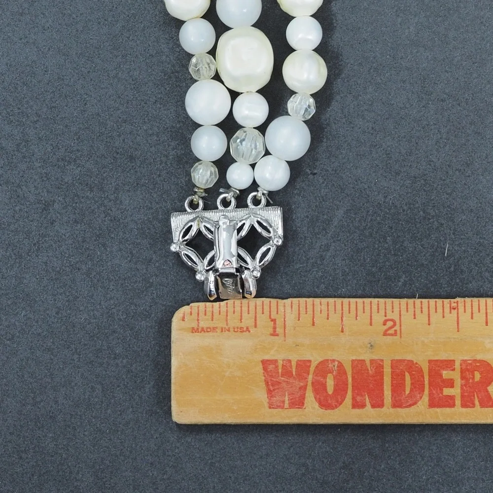 Vintage Coro Triple Strand Faux Baroque Pearl Bead Bracelet Silver Tone MCM
